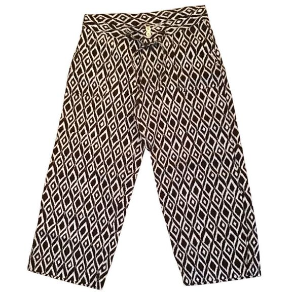 Kate Parks Women’s Linen Capri Pants Brown Cream Designer Buttons Size 10 - Picture 1 of 7